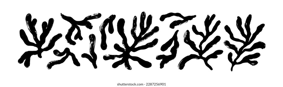 Abstract coral Matisse inspired elements isolated on white background. Brush drawn organic plant elements. Vector ink illustration of corals and seaweeds. Contemporary organic botanical branches.