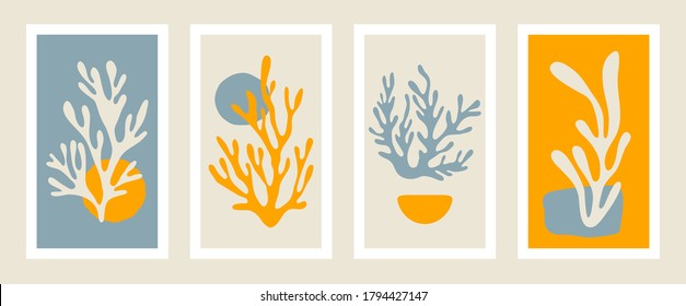 Abstract coral posters. Contemporary minimalist organic shapes Matisse style, colorful corals, graphic vector illustration.