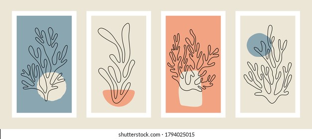 Abstract coral posters. Contemporary organic shapes minimalistic Matisse style, colorful corals, graphic vector illustration.