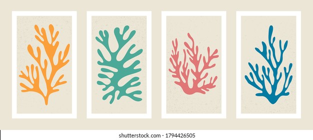 Abstract coral posters. Contemporary organic shapes and scribbles Matisse style, colorful corals. Graphic vector illustration.