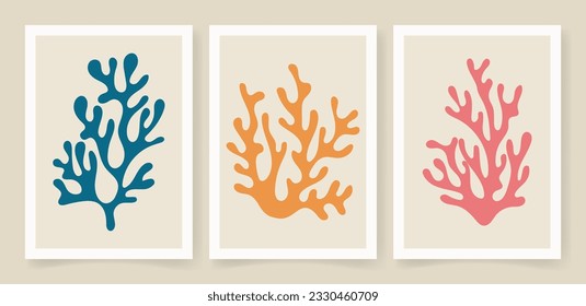 Abstract coral posters. Contemporary organic shapes minimalist in Matisse style, graphic vector illustration