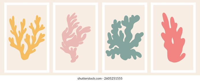 Abstract coral posters. Contemporary organic shapes and scribbles Matisse style, colorful corals. Vector graphic illustration.