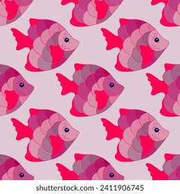 Abstract coral reef fish endless pattern illustration. Ocean creatures diving. Kids fashion clothes print. Coral reef fish wildlife graphic design. Multicolored scales, fins