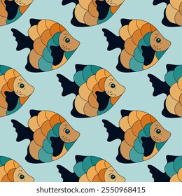 Abstrakte Korallenriff Fisch endlosen Stoff Druck Vektor. Schwimmen unter Wasser. Baby Mode Tissue Print. Korallenriff Fisch Untersee Leben Illustration. Unterschiedliche Farbe squama, Flossen