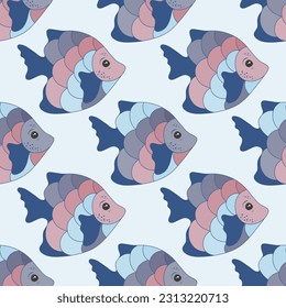 Abstract coral reef fish seamless textile print vector. Sea water fauna diving. Baby fashion clothes print. Coral reef fish undersea life graphic design. Different color squama, tail