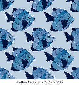 Abstract coral reef fish seamless fabric print illustration. Marine animals diving. Children fashion clothes print. Coral reef fish undersea life illustration. Polychrome squama, fins