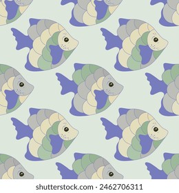 Abstract coral reef fish seamless pattern illustration. Oceanic fauna pattern. Children fashion tissue print. Coral reef fish undersea life graphic design. Different color squama, tail