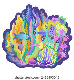 Abstract coral reef illustration. Colorful seamless pattern with neon and psychedelic bright colors. Vector decorative background.