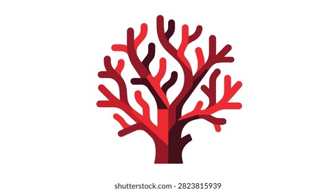 abstract coral reef shape in red and dark coral colors with multiple branching arms on plain white background for design use