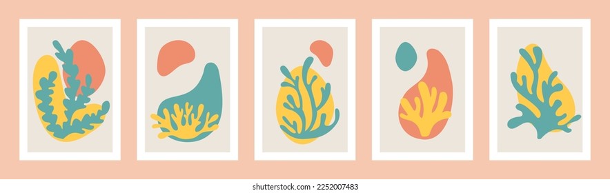 Abstract corals, Matisse inspired shapes. Irregular flower nature art, organic covers, leaf paint, botanical wall art collection, minimal banner. Doodle algae. Vector illustration tidy posters