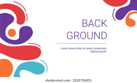 Abstract Corner Flow Background Template. Minimal White Design with Purple, Red, Orange and Turquoise Fluid Shapes and Centered Text Layout.