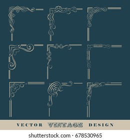 Abstract corner pattern. Set of vintage vector calligraphic linear corners for retro frames