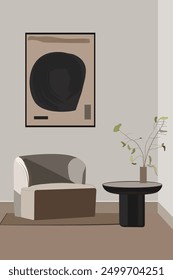 Abstract corner of room with picture, sofa, table, plant. Vector illustration
