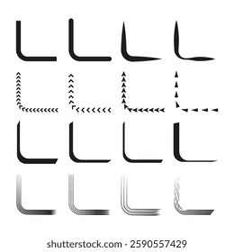 Abstract corner shapes. Black curved edges. Geometric angular lines. Minimalist arrow symbols.