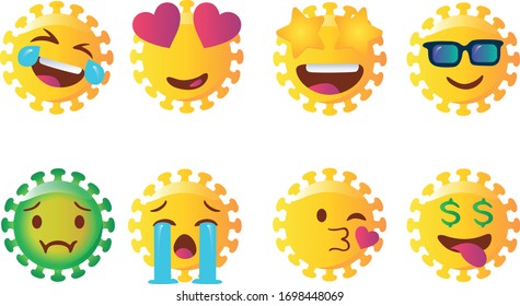 Abstract Corona Emoji Set. Virus vector, COVID-19 vector, emoticon vector, Virus symbols. cartoon round socials smiles. Isolated vector illustration on white background