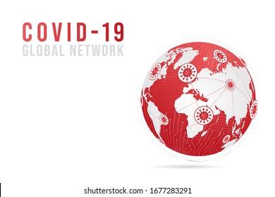 Abstract Coronavirus or COVID-19 and point scales on white background with Global. Wire frame 3D mesh polygonal network line, design sphere, dot and structure. Vector illustration eps 10.