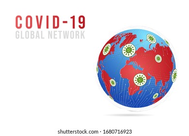 Abstract Coronavirus or COVID-19 and point scales on white background with Global. Wire frame 3D mesh polygonal network line, design sphere, dot and structure. Vector illustration eps 10.