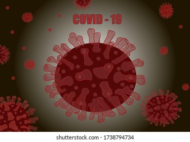 Abstraktes Coronavirus Poster grafisches Design. Antivirus Konzept Text COVID -19 auf einem dunklen Hintergrund und Grafiken von Viren. Sichtbares Material. Werbung. Drucken