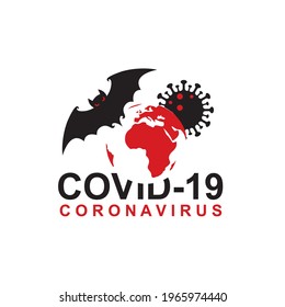 abstract coronavirus warning sign with bat and earth isolated on white background