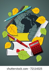 abstract corporate background with education supplies and autumn leaf, vector illustration