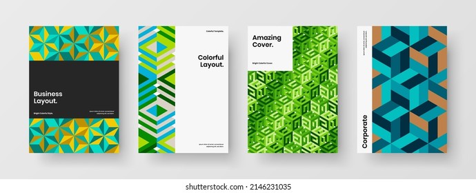 Abstract corporate brochure A4 design vector layout bundle. Clean geometric pattern placard template set.