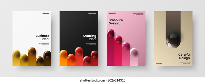 Abstract corporate brochure A4 vector design illustration set. Isolated realistic spheres postcard concept collection.