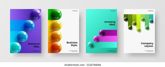 Abstract corporate brochure A4 vector design concept set. Premium 3D balls postcard layout composition.