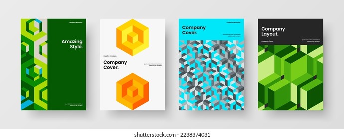 Abstract corporate brochure design vector concept set. Bright mosaic shapes pamphlet layout bundle.