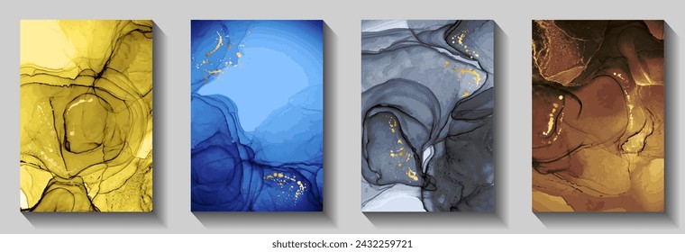 Abstract corporate business card patters vector set. Liquid alcohol ink texture, golden spatter. Colorful wedding invitation card backgrounds, banners bundle. Decorative paper prints.