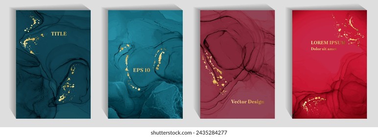 Abstract corporate business card patters vector set. Fluid acrylic paint texture, foil spatter. Colorful wedding invitation card backgrounds, banners bundle. Cover page layouts.