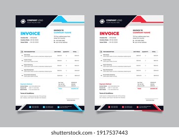 Abstract corporate business invoice template design with red and blue shape