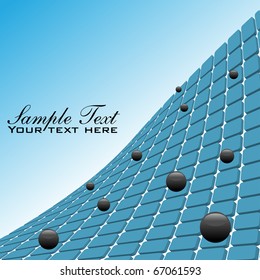 Abstract corporate concept with black balls rolling down from a blue surface