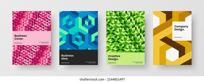 Abstract corporate cover design vector illustration bundle. Multicolored mosaic hexagons handbill template set.
