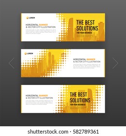 Abstract corporate horizontal banner or web slideshow template with city vector background and halftone effect for business, investment and construction.