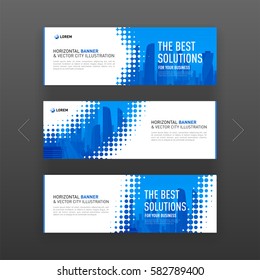 Abstract corporate horizontal banner or web slideshow template with city vector background and halftone effect for business, investment and construction.