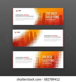 Abstract corporate horizontal banner or web slideshow template with city vector background and halftone effect for business, investment and construction.
