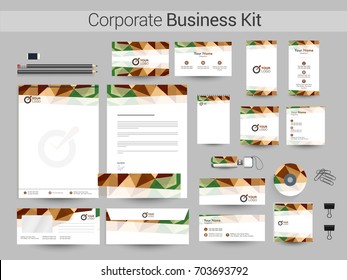Abstract Corporate Identity or Business Kit including Letter Head, Business Card, Web Banner or Header, Notepad, CD, USB Flash Drive and Envelope design.
