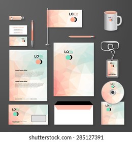 Abstract Corporate identity template. Vector company triangle style for brandbook and guideline, pen, cd disc, cup, letter, flag, business cards

