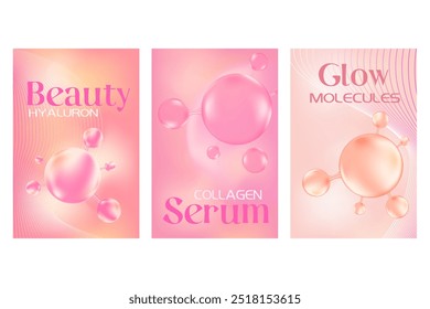 Abstract cosmetic formula poster set, collagen or hyaluronic acid molecule cell. Beauty treatment, nutrition skincare light pink, peach color background with copy space. Elegant scientific technology