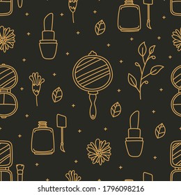 Abstract Cosmetics Pattern, Doodle Cosmetic Illustration, Golden Color, Seamless Pattern.