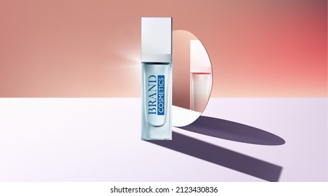 Abstract Cosmetics Product With Mirror. Wall Background . Cosmetic Ads Flyer Or Banner Design . Cosmetic Cream Template.