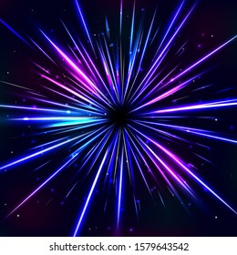 Abstract cosmic background with blue and violet light lines. Shining explosing star. Vector illustration for your graphic design.