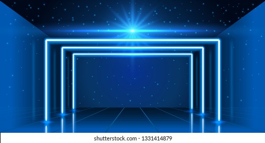 Abstract cosmic background with fantastic corridor in hyperspace, neon geometric arch and space portal into another dimension and time travel. Virtual reality.