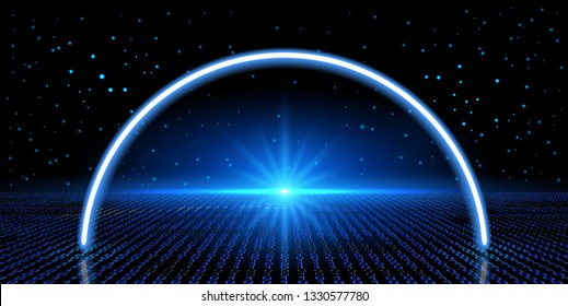 Abstract cosmic background with fantastic hyperspace, neon geometric arch and space portal into another dimension.Virtual reality fantastic landscape with binary code.