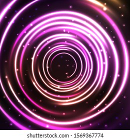 Abstract cosmic background with glowing light circles. Shiny and starry circular cosmic frame in blue and violet colors. Vector illustration for your graphic design.