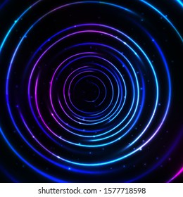 Abstract cosmic background with glowing light circles. Shiny and starry circular cosmic frame in blue and violet colors. Vector illustration for your graphic design.