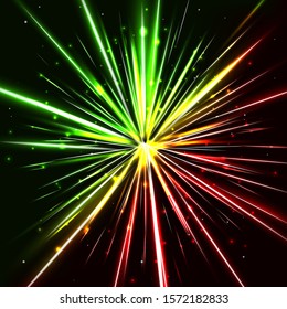 Abstract cosmic background with green and red light lines. Shining explosing star. Vector illustration for your graphic design.