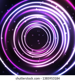 Abstract cosmic background with light circles. Shiny and starry space frame. Vector illustration for your graphic design.