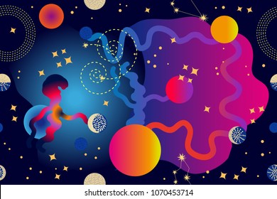 Abstract cosmic background. Seamless vector pattern with constellations, sun, moon, sputniks, galaxies and planets. Trendy gradients design.
