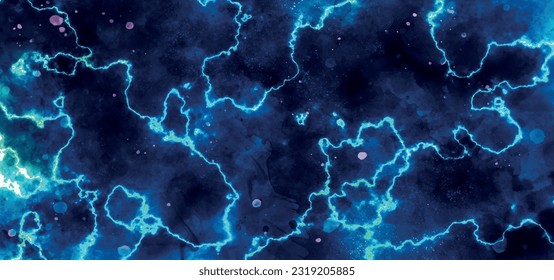 Abstract cosmic blue ink texture water color paint illustration. Paper textured aquarelle canvas for creative design with scratches. Deep dark violet neon lights watercolor background.